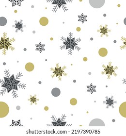 New Year's seamless pattern with snowflakes in gold, gray and white. The theme of the new year and Christmas.
