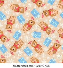 El patrón impecable de Año Nuevo de osos de peluche con sombrero con un bubon, bufanda y cajas azules con regalos. Sobre un fondo beige con copos de nieve. Está bien adaptada para la envoltura de regalos y la decoración de tela.