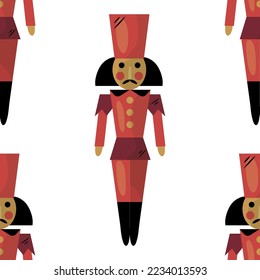New Year's seamless pattern. Tin soldier, Christmas decorations, gifts in beautiful packaging, candy, gingerbread, reindeer, Santa hat. New Year's holiday. Happy New Year and Merry Christmas. 