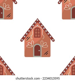 New Year's seamless pattern. Tin soldier, Christmas decorations, gifts in beautiful packaging, candy, gingerbread, reindeer, Santa hat. New Year's holiday. Happy New Year and Merry Christmas. 