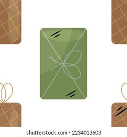 New Year's seamless pattern. Tin soldier, Christmas decorations, gifts in beautiful packaging, candy, gingerbread, reindeer, Santa hat. New Year's holiday. Happy New Year and Merry Christmas. 