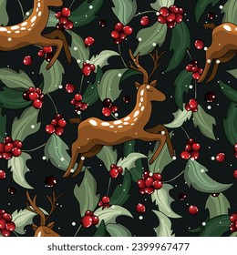 New Year's seamless pattern. Tin soldier, Christmas decorations, gifts in beautiful packaging, candy, gingerbread, reindeer, Santa hat. New Year's holiday. Happy New Year and Merry Christmas. 
