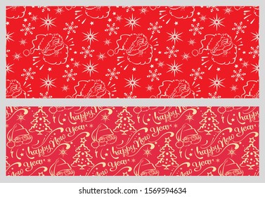 New Year's seamless patterns with a happy Santa Claus. Colors image: red, white. Two templates of background wallpaper in retro style. For design cards, posters, gifts, wrapping.  Vector image.