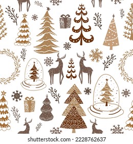 New Year's seamless, stylized pattern, with reindeers, fir trees, gifts. Christmas wreaths, branches and snowflakes.