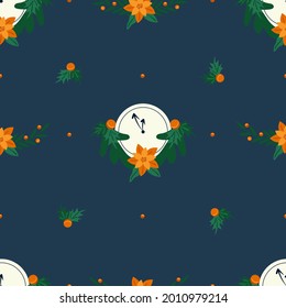 New Years seamless vector pattern with clocks and Christmas tree decorations