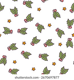 New Year's seamless vector pattern on a white background. Holly berries, stars 