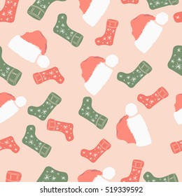 New Year's seamless vector pattern with caps and new year's socks