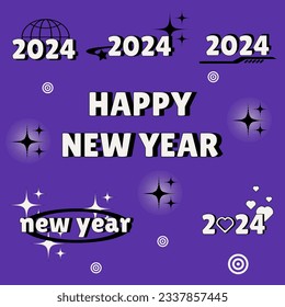 New Year's set 2024 with abstract forms for the design of posters, leaflets, social networks in a fashionable retro style y2k. Elements of web design in the style of cyberpunk, psychedelic, futurism.
