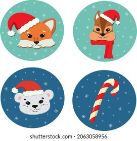 A New Year's set with animal faces in Santa Claus hats: a fox, a polar bear, a chipmunk and a Christmas lollipop. Vector image.