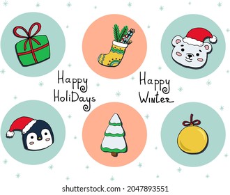 New Year's set: a bear, a penguin, a Christmas tree, a ball decoration, a stocking with gifts and with a greeting text. A vector image.