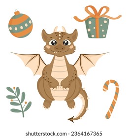 New Year's set in cartoon style. Cute dragon, gift, Christmas ball, candy, plant. A smiling fairy-tale monster is sitting. A little dinosaur. Isolated on a white background.