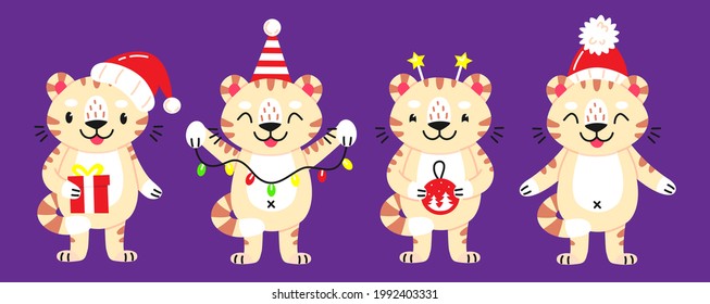 New Year's set with characters of tigers. Collection of cute animals white tiger cubs in cartoon style in Christmas hats, with a garland. Vector illustration isolated on background.