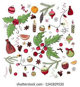 New Year's set of Christmas toys, sweets, oranges, fir, mistletoe.