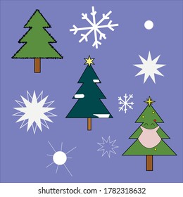 Das neue Jahr. Weihnachtsbaum und Schneeflocken. Ähnlich. 2021.