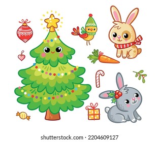 New Year's set with a Christmas tree and animals. Vector illustration with Christmas gifts on a white background.