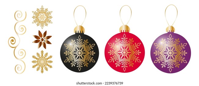 New Year's set. Christmas tree balls of different colors with golden snowflakes and other decorative elements for design and various decorations in your work. Vector. Illustration.