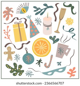 New Year's set of cups, streamers, Christmas ball, triangular cap, candle, orange slice, mask, abstract shapes, gift, glass, snowflakes. For postcards, patterns, invitations