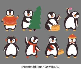 New Years set of cute black penguins isolated on gray background. Vector flat illustration