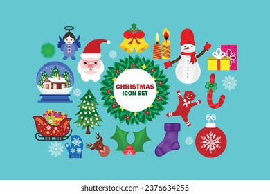 New Year's set, with cute elements for design. Christmas tree, Santa, deer, gingerbread, candle, jingle bell, snowman, sock, deer head, snow ball, Christmas wreath, cinnamon For cards, banner