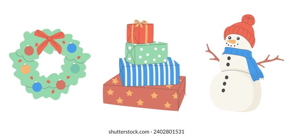 New Year's set, with cute elements for design. Christmas tree, santa, deer, gingerbread, candle, snow ball, Christmas wreath, cinnamon For cards, banners, website, icons