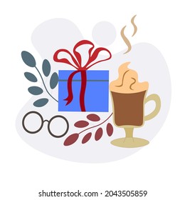 New Year's set of cute little things from gift box with red bow, glasses and cup of latte coffee with foam. set for decorating postcards for New Year, Christmas, Valentine's Day.
