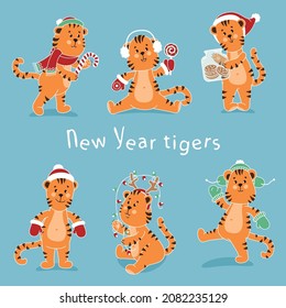 New Year's set of cute tigers. Vector isolated image.