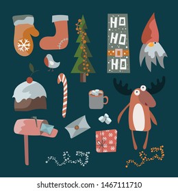 New Year's set with a deer, a cupcake, a mailbox, a canteen, a Christmas tree. Can be used for postcards, logos, avatars, stickers. Vector illustration.
