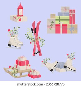 New Year's set, with design elements. New Year's gifts, skis, skates, sleigh with gifts, lantern lamp. For postcards, banners, website, icons