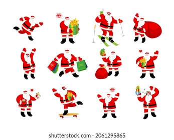 New Year's set of different merry Santa Clauses. Amazing funny character for New Year card, banner or poster. Happy New Year and Merry Christmas. Vector illustration on isolated background.