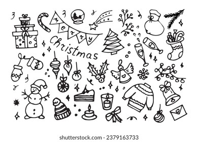New Year's set in doodle style. New year  in sketch style. Vector illustration isolated on white background