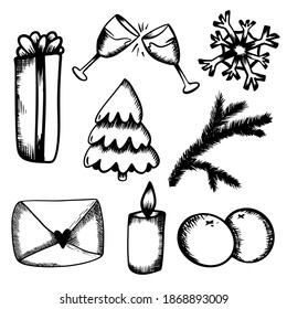 New Year's set of doodles in hand-draw style. Christmas glass of champagne, tangerines, tree, gift, snowflake, candle, letter on isolated white background. Vector.