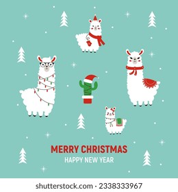 New Year's set of family alpaca. Vector illustration for christmas card, t-shirt, design isolated background