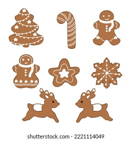 New Year's set of New Year's gingerbread in the form of a star, a snowflake, a Christmas tree, a gingerbread man, Santa's reindeer, decorative elements for a postcard, backgrounds, textiles