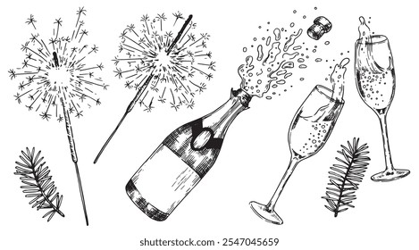 New Year's set with glasses of champagne and sparklers. vector illustration in sketch style