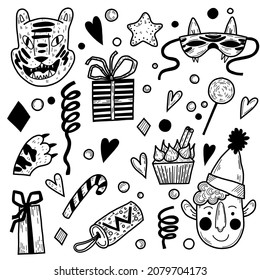 New Year's set in a graphic style in a vector on an isolated white background. Tiger, elf, clapperboard, gifts, sweets in doodle style
