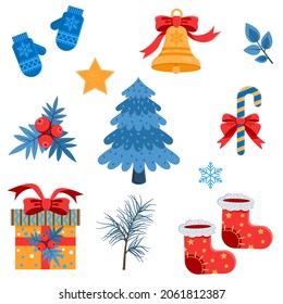 New Year's set of holiday attributes. Christmas tree, gift, bell, holly, mittens, lollipop, star-shaped cookies, snowflake, twig isolated on white background. Vector illustration.