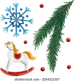New Year's set of illustrations Christmas tree branch, snowflake, sequins, horse Christmas tree toy