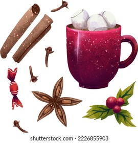 New Year's set of illustrations cocoa in a red mug with marshmallow cinnamon seasonings cloves coriander candy and holly
