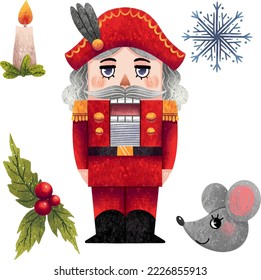 New Year's set of illustrations nutcracker mouse snowflake candle holly with berries fairy tale performance