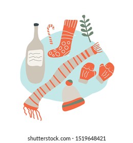 New Year's set - lemonade, mittens, scarf, hat, sock, candy. Vector illustration.