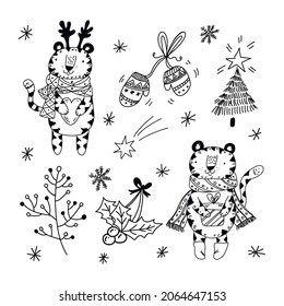 New Year's set of objects: a tiger holding a gift in its paws, a tiger in a New Year's hat with deer horns holding a heart, trees, fir trees, mittens, gifts, stars, snow, New Year's mood. Black and wh