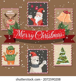 New Year's set with postcards dedicated to Christmas and New Year 2022. Flat style. Santa Claus, Bells, Christmas tree, bear, deer, fox. Holiday. Celebration. Beige background. Christmas Eve. December