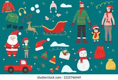 Año Nuevo con Santa Claus, hombre de nieve, elfo, familia, auto, suéter, sombrero, ciervo