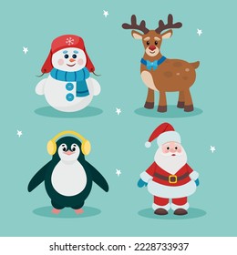 New Year's set. Santa Claus, reindeer, snowman, penguin. Card. Attributes of Christmas and New Year. Flat vector illustration. Symbols of the new year.