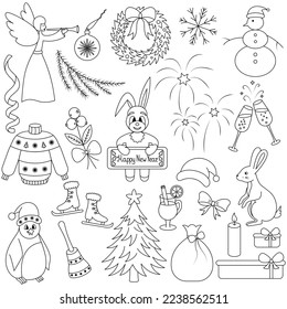 New Year's set. Sketch. Collection of vector illustrations. Isolated background. Coloring book. Doodle style. A snowman, a penguin, a winged angel blows a trumpet, wine glasses clink against 