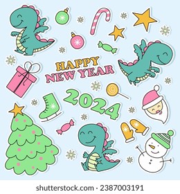 New Year's set of stickers with green dragons. Chinese New Year 2024