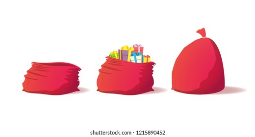 New Year's set of three bags. Empty, with gifts, full. Christmas red Santa Claus bag isolated on a white background. Vector eps10.