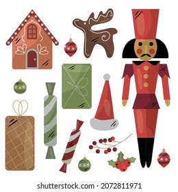 New Year's set of toys. Tin soldier, Christmas decorations, gifts in beautiful packaging, candy, gingerbread, reindeer, Santa hat. New Year's holiday. Happy New Year and Merry Christmas. Atmosphere.