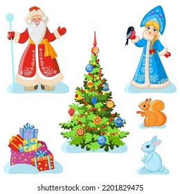 New Year's set with traditional Russian characters: Father Frost, Snow Maiden, Christmas tree, bag with gifts and cute little animals.