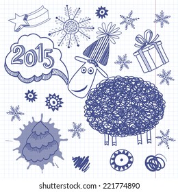 New Year`s Set. Vector illustration, skech with Lamb - symbol of New Year 2015